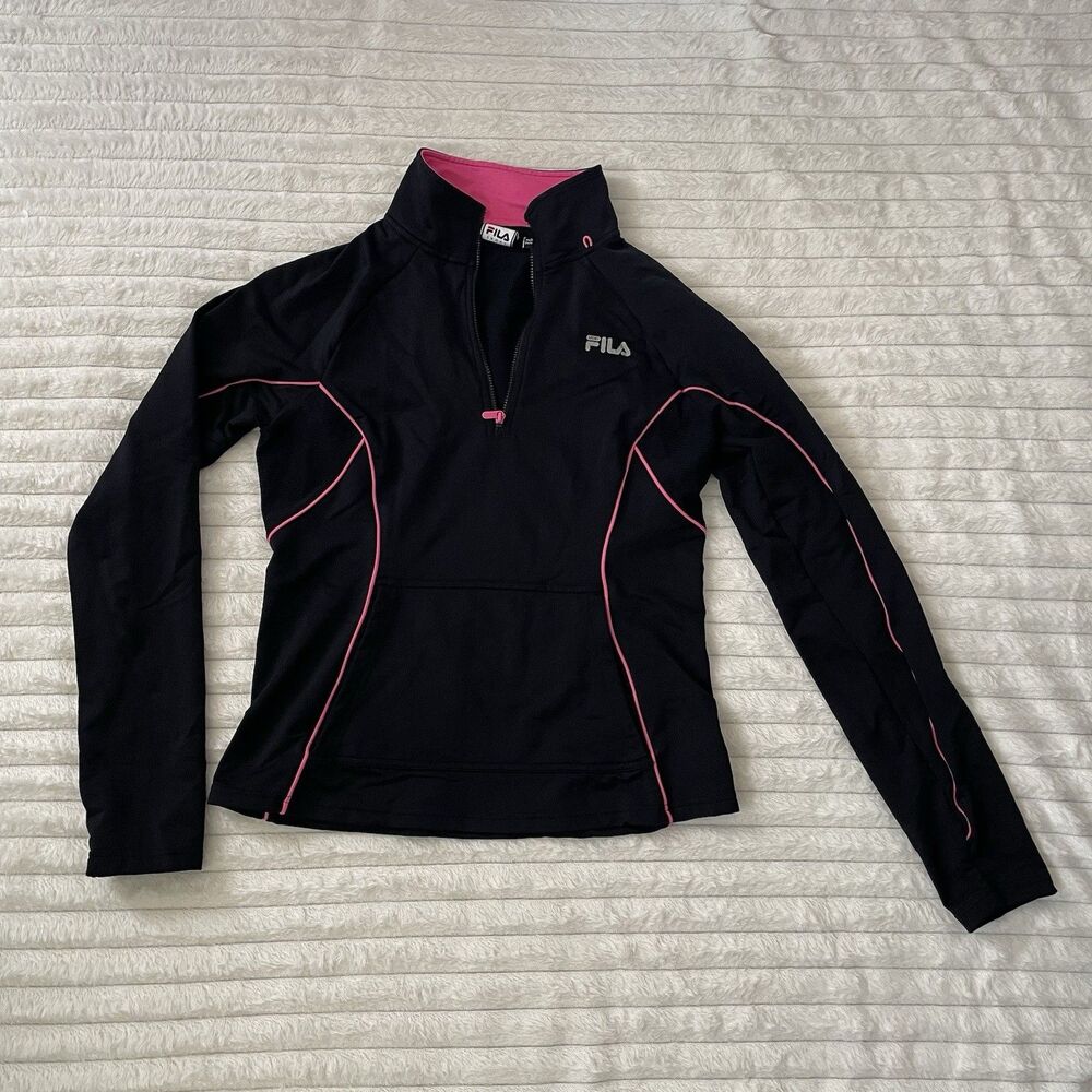 Fila Sport Women's Medium Long Sleeve Quarter Zip Black Pink Running Jacket